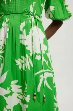 Robe Midi En Popeline De Coton Imprimé Fleuri Avec Détail De Perles