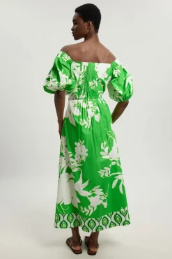 Robe Midi En Popeline De Coton Imprimé Fleuri Avec Détail De Perles