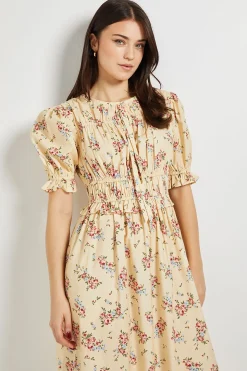 Robe Midi En Popeline Imprimée À Imprimé Fleuri Ditsy Jaune Avec Nœud Devant Et Manches À Volants