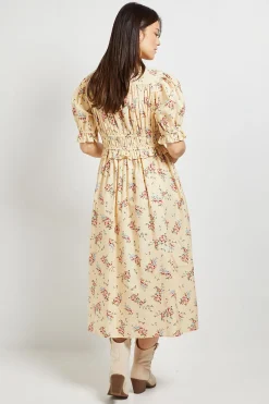 Robe Midi En Popeline Imprimée À Imprimé Fleuri Ditsy Jaune Avec Nœud Devant Et Manches À Volants