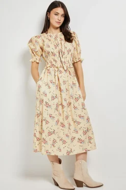 Robe Midi En Popeline Imprimée À Imprimé Fleuri Ditsy Jaune Avec Nœud Devant Et Manches À Volants