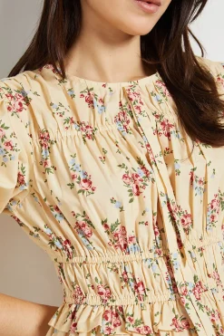 Robe Midi En Popeline Imprimée À Imprimé Fleuri Ditsy Jaune Avec Nœud Devant Et Manches À Volants