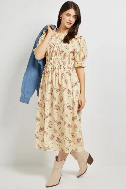 Robe Midi En Popeline Imprimée À Imprimé Fleuri Ditsy Jaune Avec Nœud Devant Et Manches À Volants