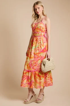 Dorothy Perkins Robe Midi En Popeline Imprimée À Fleurs Orangées Avec Bordure Contrastante Et Liens Latéraux<Femme Robes|Robes Mi-Longues