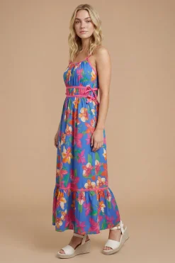 Robe Midi En Popeline Imprimée À Fleurs Bleues Avec Liens Latéraux Et Biais Contrastant