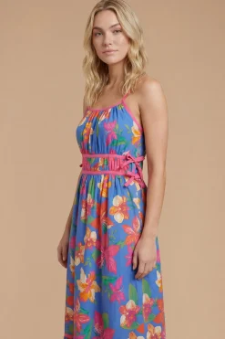 Robe Midi En Popeline Imprimée À Fleurs Bleues Avec Liens Latéraux Et Biais Contrastant