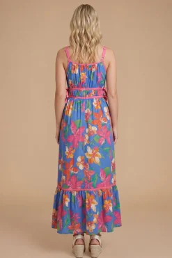 Robe Midi En Popeline Imprimée À Fleurs Bleues Avec Liens Latéraux Et Biais Contrastant