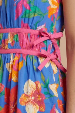 Robe Midi En Popeline Imprimée À Fleurs Bleues Avec Liens Latéraux Et Biais Contrastant