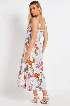 Robe Midi en Popeline Imprimée avec Galon Ric Rac