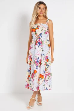 Robe Midi en Popeline Imprimée avec Galon Ric Rac