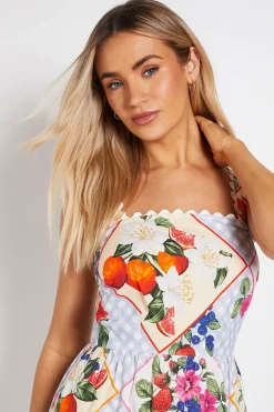 Robe Midi en Popeline Imprimée avec Galon Ric Rac