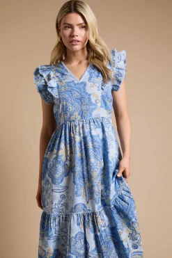 Robe Midi En Popeline Imprimée À Motif Cachemire Bleu Avec Col En V Et Bordure En Dentelle