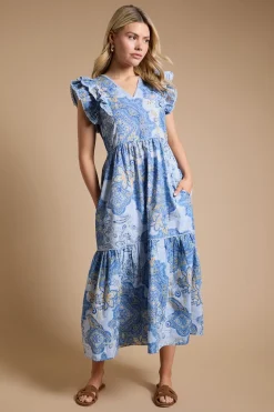 Robe Midi En Popeline Imprimée À Motif Cachemire Bleu Avec Col En V Et Bordure En Dentelle