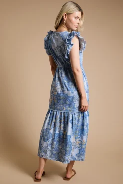 Robe Midi En Popeline Imprimée À Motif Cachemire Bleu Avec Col En V Et Bordure En Dentelle