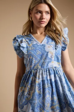 Robe Midi En Popeline Imprimée À Motif Cachemire Bleu Avec Col En V Et Bordure En Dentelle