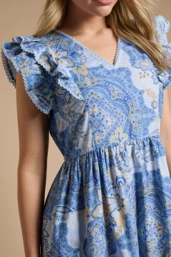 Robe Midi En Popeline Imprimée À Motif Cachemire Bleu Avec Col En V Et Bordure En Dentelle