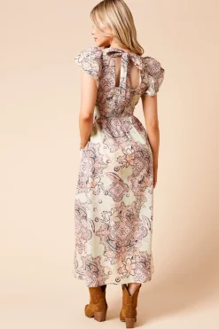 Robe Midi En Popeline À Imprimé Paisley Avec Dentelle Et Manches À Volants