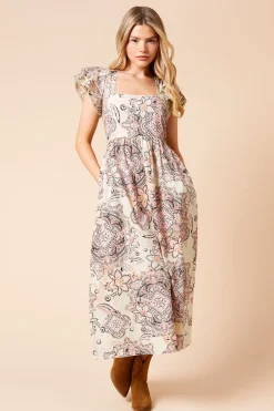 Robe Midi En Popeline À Imprimé Paisley Avec Dentelle Et Manches À Volants