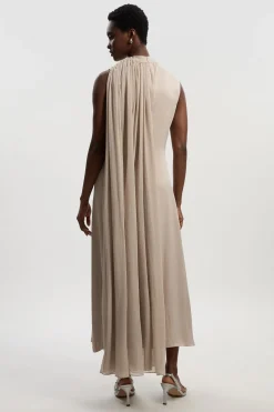 Robe Midi en Satin Drapé avec Détail Cape en Georgette