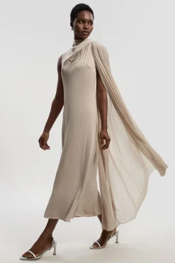 Robe Midi en Satin Drapé avec Détail Cape en Georgette