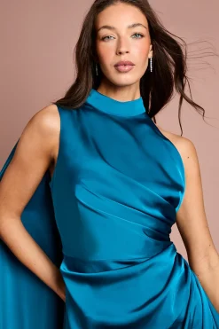 Robe Midi En Satin À Détail Froncé Et Manches Courtes