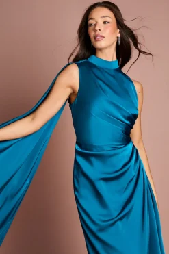 Robe Midi En Satin À Détail Froncé Et Manches Courtes
