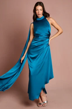 Robe Midi En Satin À Détail Froncé Et Manches Courtes