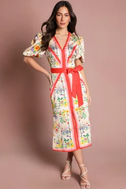 Robe Midi En Satin À Encolure En V, Manches Bouffantes Et Imprimé Foulard