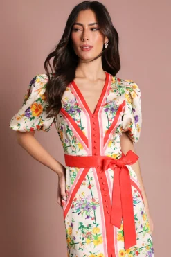 Robe Midi En Satin À Encolure En V, Manches Bouffantes Et Imprimé Foulard