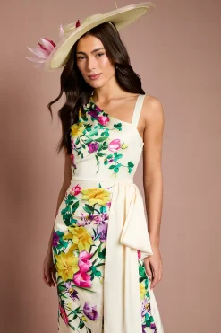 Robe Midi En Satin À Imprimé Floral Positionné Avec Nœud Détail Lisa Tan