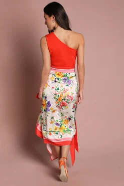 Robe Midi En Satin Imprimé À Une Épaule Avec Bandage