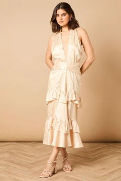 Robe Midi en Satin Jacquard à Col Américain