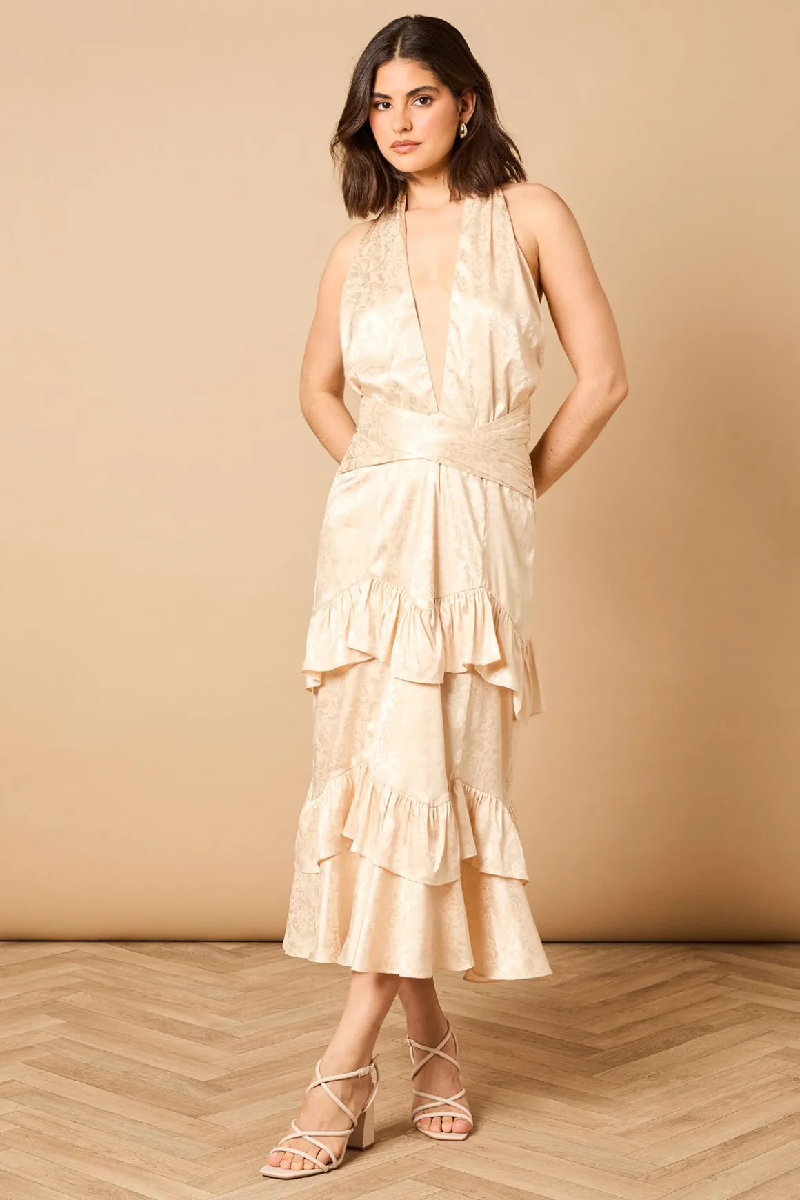 Robe Midi en Satin Jacquard à Col Américain