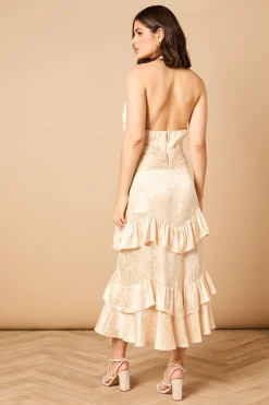 Robe Midi en Satin Jacquard à Col Américain