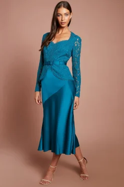 Coast Robe Midi En Satin À Jupe Ceinturée Et Manches Longues En Dentelle<Femme Robes Mi-Longues|Satin Et Dentelle