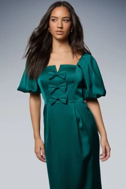 Robe Midi en Satin à Manches Bouffantes avec Nœuds Devant