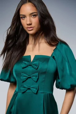 Robe Midi en Satin à Manches Bouffantes avec Nœuds Devant