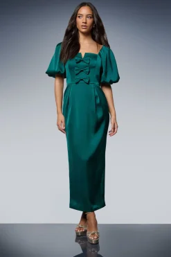 Robe Midi en Satin à Manches Bouffantes avec Nœuds Devant
