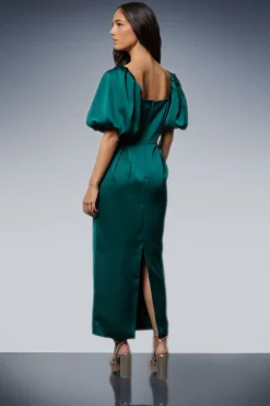 Robe Midi en Satin à Manches Bouffantes avec Nœuds Devant