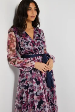 Robe Midi en Satin à Nouer avec Superposition de Tulle Floral