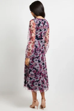 Robe Midi en Satin à Nouer avec Superposition de Tulle Floral