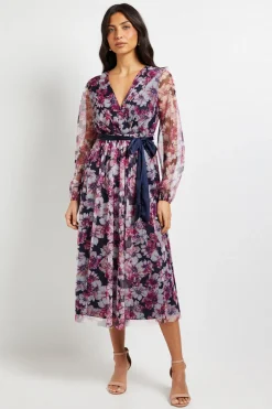 Robe Midi en Satin à Nouer avec Superposition de Tulle Floral