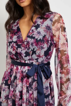 Robe Midi en Satin à Nouer avec Superposition de Tulle Floral