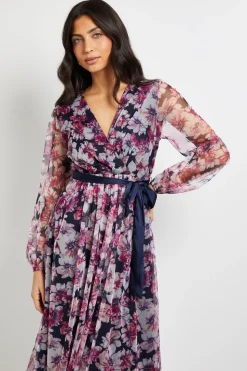 Robe Midi en Satin à Nouer avec Superposition de Tulle Floral