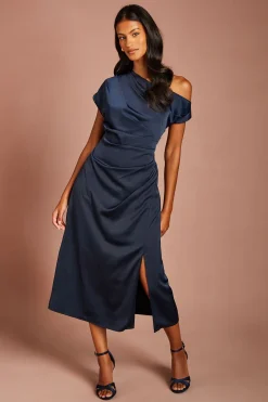 Robe Midi En Satin À Épaules Dénudées Avec Nœud Latéral Petite