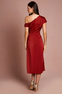 Robe Midi en Satin à Épaules Dénudées avec Liens Latéraux