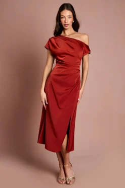 Robe Midi en Satin à Épaules Dénudées avec Liens Latéraux