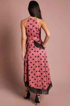 Robe Midi En Satin À Pois Avec Franges Et Encolure Dos-nu