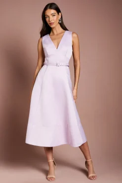 Robe Midi en Satin Structuré à Col V avec Ceinture
