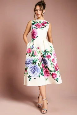 Coast Robe Midi en Satin Structurée avec Imprimé Placé et Poches<Femme Robes Mi-Longues|Satin Et Dentelle